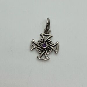 Vtg 925 Sterling Silver Amethyst Celtic Cross Charm / Pendant
